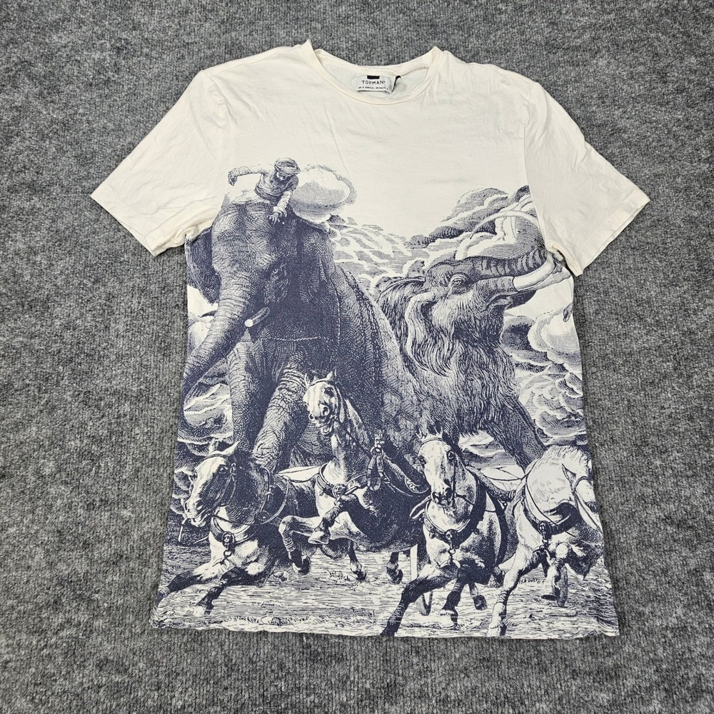 Topman Graphic Tee Small Cream White Elephant Horse Battle Scene T-Shirt S Fit